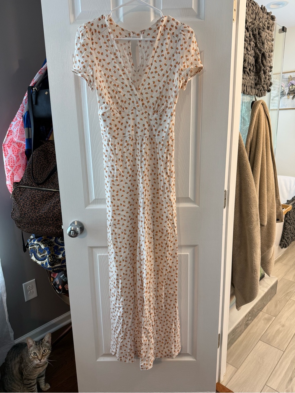 Free People Cream Long Romper with Tiny Orange Floral Print Size 0